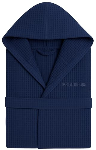 o-day Bademantel mit Wabenstruktur für Damen und Herren, aus Baumwolle, mit Kapuze, Taschen und Gürtel, leicht und für Reisen S-XXXL, Modell 2 - Marineblau, XL