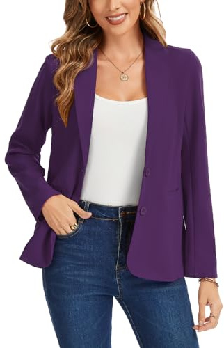 Kyzoeyou Blazer con solapa de muesca para mujer, con forro frontal, casual, para uso diario, manga larga, chaquetas lisas con botones y bolsillo, P-violeta, S