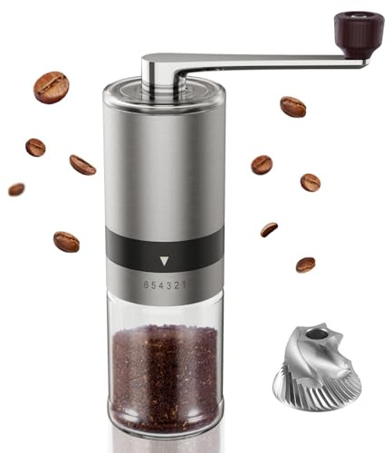 BRAVECOW Molinillo de café portátil manual, mecanismo cónico de acero inoxidable con 6 niveles ajustables, molinillo de café con capacidad de 25 g, para espresso, camping, viajes, oficina (plata)