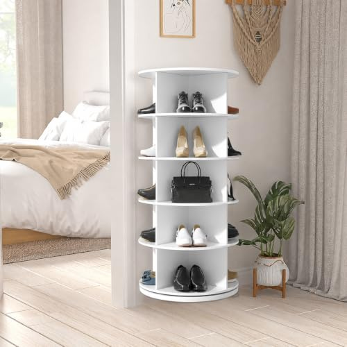TWSOUL 5 Tier Drehbares Schuhregal, 360-Grad Drehbarer Schuhschrank, Rundes Karussell, Schuhschrank Organisation, für Schuhe, Hüte und Handtaschen, Weiß