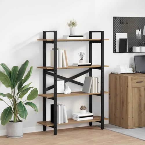 Owoxanthellate Bücherregal Artisan-Eiche 100x33,5x140 cm Industrie-Design mit 4 Ablagefächern Massiver Holzwerkstoff und Stahlrahmen für Wohnzimmer Home Office Küche und Flur