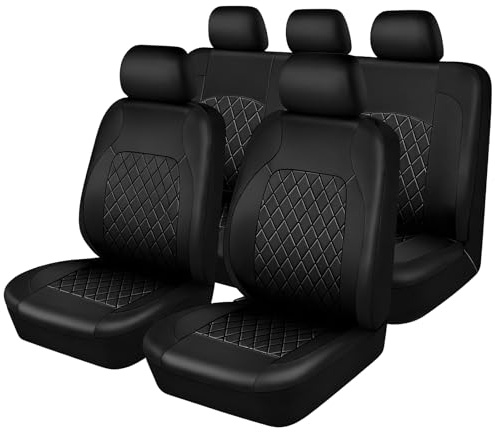 VBGURR 9 Stück Leder Autositzbezüge Sets,Wasserdichtes Sitzbezüge Auto Komplettset,Wasserdicht Vordersitze Rücksitzschoner mit Seitenairbags,AutoVordersitzbezug und Kopfstützenbezug (Schwarz)