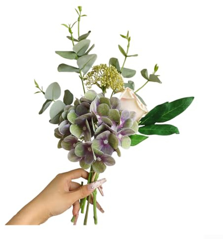 Bouquet de roses d'hortensia artificielles en soie pour mariage et décoration d'intérieur, feuillage d'eucalyptus, tige métallique robuste, aucun entretien nécessaire (violet foncé)