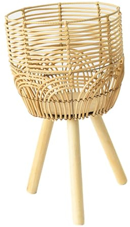 osiuujkw Cesto per piante in rattan con supporto per riporre tutti i tipi di piante e fiori, portavasi da pavimento, stabile e sicuro, con gambe in legno, Marrone, M
