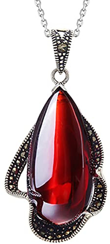 S925 Silver Halsband Hänge, Granat Retro Hänge Thai Smycken Mode Dam Ny Rubin Nyckelbenskedja Kedja Present (röd 39 * 17 mm)