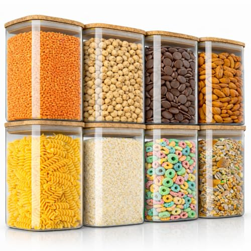 Arendo - Vorratsbehälter mit Deckel 1200ml - 8er Set - Behälter aus Glas – hitzebeständig – Vorratsdosen/Vorratsgläser mit Bambusdeckel - luftdicht - für Müsli Zucker Mehl Kaffee Reis