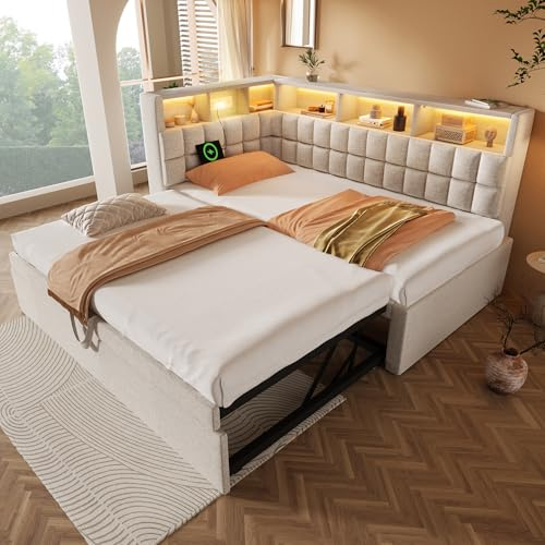 Gxffipw Bett 90x200 cm Polsterbett Tagesbett mit LED Licht und USB Type-C, Schlafsofa mit Ausziehbett 90x190 und Stauraumregal, Schlafcouch Bettgestell mit Lattenrost, Leinen, Beige, Ohne Matratze