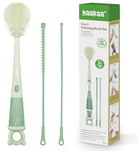 haakaa 5-in-1 Baby Bottle Brush Set for Pump Parts, Teats & Straws | BPA-free 5-in-1 Cleaning Kit, Bottle Brush, Teat Brush, Straw brush, Pump Parts Cleaning for home & travel