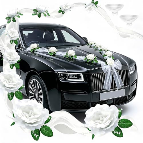 Mineup Autoschmuck Hochzeit Motorhaube, Auto Schmuck Braut Paar Rose, Hochzeitsdeko Auto, AUT Wedding Deko Girlande Mit 9 Rosen Und 10 Bogen Für Hochzeitsfeiern, Partys Und DIY-Dekorationen