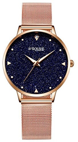 Alienwork Armbanduhr Damen Roségold Metall Mesh Armband Edelstahl Blau echtes Marmor Zifferblatt