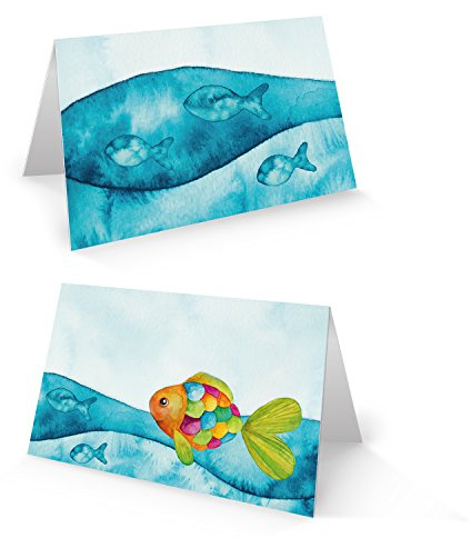 Logbuch-Verlag Lot de 25 cartons de table multicolores turquoise - Motif poisson - 8,5 x 5,5 cm - Décoration de table pour invités, communion, baptême, anniversaire d'enfant