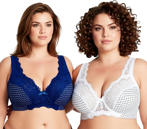 Curve Muse - Sujetador con Aros sin Forro Minimizer para Mujer con Bordado de Encaje-Paquete de 2-Impresión De Suero De Leche,Azul Impresión-90F