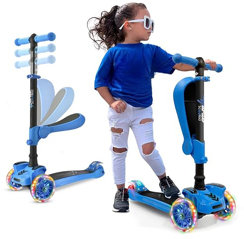 Hurtle 3-Wheel Tri Scooter for Kids ages 4-7, Scooter with Seat, Foldable, Flashing Lights, Adjustable Height, Blue