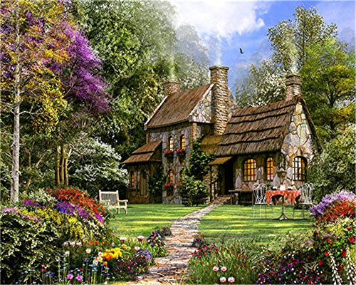 YEESAM ART DIY Ölgemälde Malen nach Zahlen Erwachsene Kinder, Blumen Bäume Wald Warm Stein Haus Zahlenmalerei ab 5 Öl Wandkunst (Wald, Ohne Rahmen)