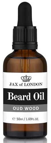 Jax of London Inspiriertes Bartöl für Bartwachstum und Konditionierung - Mit Bio-Kokosnuss, Avocadoöl, Mandelöl, Jojobaöl, Arganöl, Vitamin E - Hergestellt in Großbritannien (50 ml) (Oud Wood)