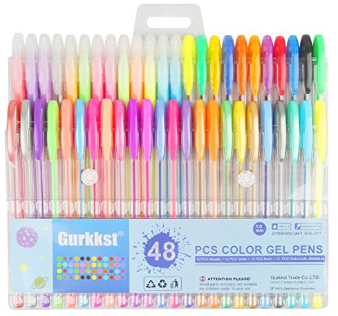 Gurkkst 48 Set Colores Bolígrafos de Gel Boligrafos Gel para Scrapbooking, Colorear, Dibujar y Artesanal (12 Metálico + 12 Glitter + 12 Neón + 12 Clásicos)