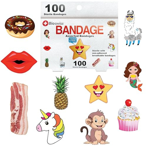 BioSwiss Bandages, Assorted Animal, Fun, and Food Shaped Self Adhesive Bandage Set, Latex Free, Sterile Wound Care, 100 Count