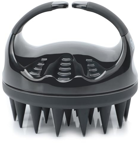 FREATECH Brosse de Massage pour Cuir Chevelu avec Poils Longs et Doux en Silicone pour Soin et Massage Tête, Brosse Lavage Ergonomique pour Pellicules et Croissance des Cheveux, Noir
