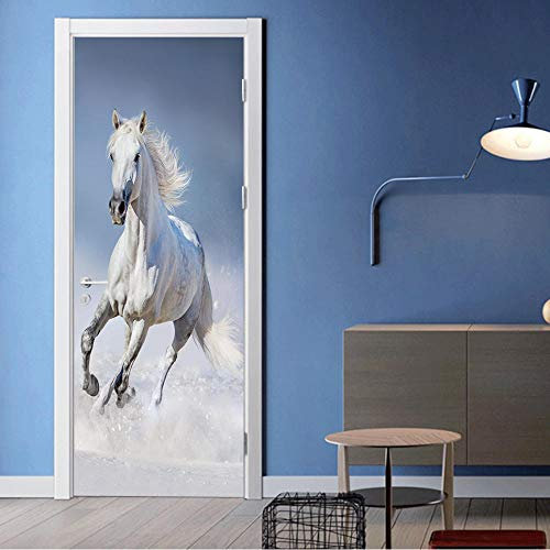 GSKBDQ Türtapete Selbstklebend Türposter Weißes Pferd Schnee 95X215Cm 3D Effekt Türaufkleber - Fototapete Türfolie Poster Tapete - PVC wasserdichte Wandbild Home Wohnzimmer Dekoration Wandtattoo