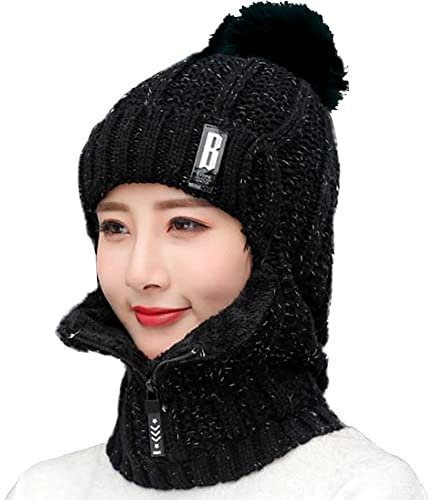 WANYIG 2 in 1 Winter Strickmütze Schal Mütze Set Wintermütze Beanie Damen Warme Loop Strickschal Winddichte Cap mit Fleecefutter 55-60CM (Schwarz)