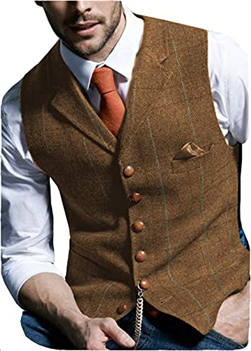 Retrofrack för män, väst, pläd, ullväst, ledig, tweed, fiskbensmönster för smoking, BRUN, M