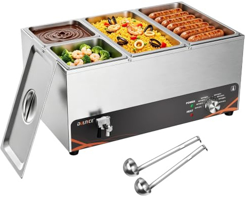 DULNICE Elektrische Bain Marie 4Pan Edelstahl Elektrischer Speisewärmer | Kommerzieller Buffetwärmer 30–85°C regelbar,mit Ablaufhahn & Suppenlöffeln,für Catering, Restaurants und Partys,1500W