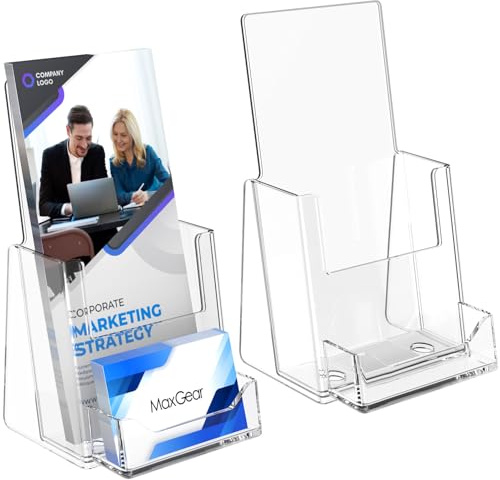 MaxGear Brochure Holder 4x9 inch with Business Card Organizer, Acrylic Literature Display Stand Clear Plastic Flyer Holder Wall Mount or Countertop Use for Pamphlets, Booklets, 2 Pack