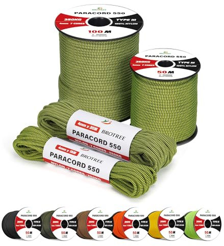 Brotree 4mm Paracord 550 7 Hebras Cuerda de Nylon 15M Tipo III Cuerda de Paracaídas para Supervivencia, Al Aire Libre, Bricolaje - 250kg Carga de Rotura (Bumble Bee)
