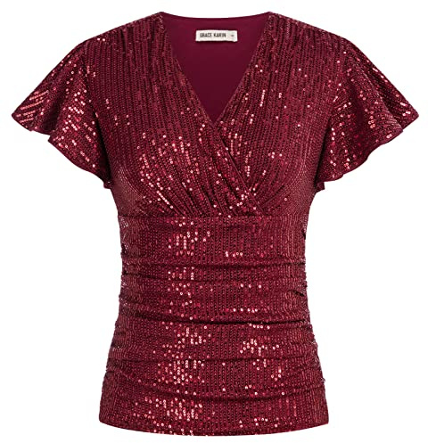 Damen Elegant Pailletten V-Ausschnitt Shirt Slim Fit Bluse Casual Tops Kurzarm mit Rüschen Rot XL
