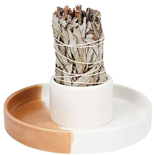 Porta incenso alla salvia – foro da 4,1 cm, ciotola in ceramica per sbavature e supporto – bianco e arancione