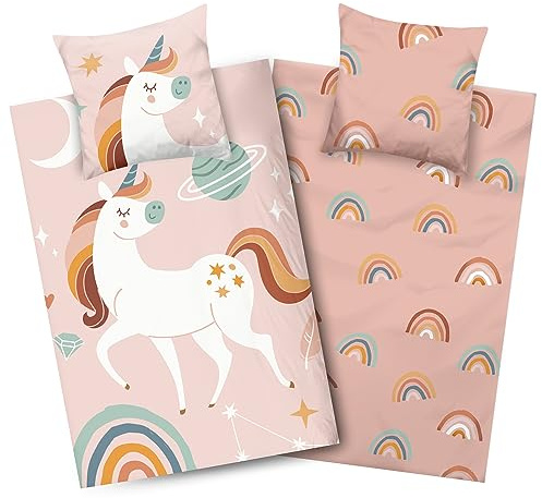 Aminata Kids – bäver barnsängkläder 135 x 200, enhörning och regnbågsmotiv, rosa – 100 % bomull, dragkedja – varm, mjuk och mysig – vändbar sängklädesset för flickor, flanell