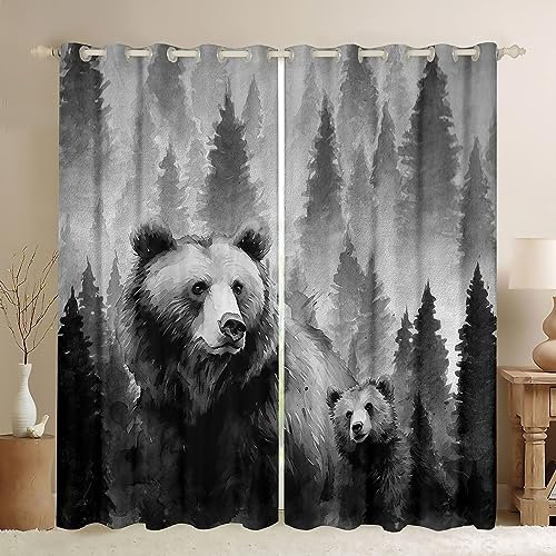 Nette Bär Fenster Vorhang Nebeliger Berg Baum Dschungel Vorhänge Kinder Mädchen Jungen Erwachsenenzimmer Dekor Wilde Tiere Fenster Vorhang Grau Natürliche Landschaft Kunst Fenster Vorhänge,2 Platten