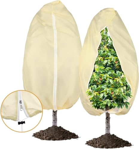 Ewzayol Protección de invierno para plantas, transpirable, 85 g/m², protección invernal, saco para plantas en maceta, protección contra heladas, cubiertas para plantas con cremallera y cordón beige