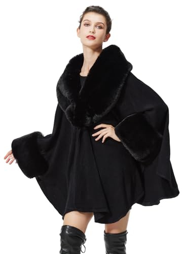 BEAUTELICATE Poncho Cape Tricoté De Femme Tricot Manteau Cardigan Avec Col En Fourrure Châle Étole Pour L'automne Hiver Mariage Mariée(Taille unique, Fourrure Lisse-Noir)