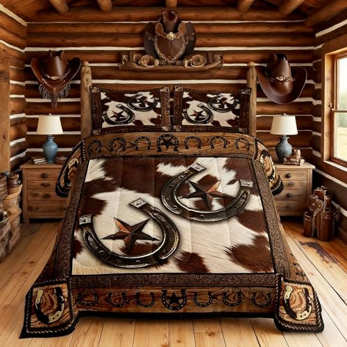 Western Cowboy Comforter Set Full Size,Western Texas Star Horseshoes Retro Bedding Set,Boys Girls Adults Room Decor,Cow Fur Wooden Plank Down Comforter,Rustic Farmhouse Duvet Insert,2 Pillowcases