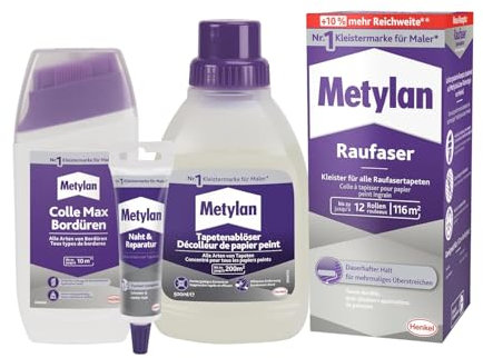 Metylan Raufaser, Tapetenkleister (1x720g) & Metylan Bordüren Klebstoff (1x250g) & Metylan Naht- und Reparaturkleber (1x60g) & Metylan Tapetenablöser Aktiv-Konzentrat (1x0,5l)