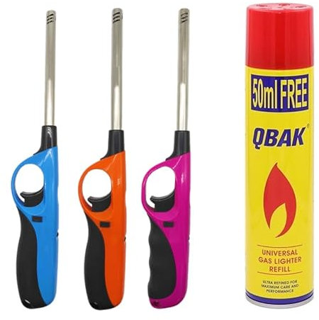 Pack de 3 Mecheros Encendedores de Cocina Largos 27cm + Bote de Gas para Recarga 300ml. para Barbacoa, Chimenea, Estufa. Gas para Soplete y Mechero (Colores aleatorios)