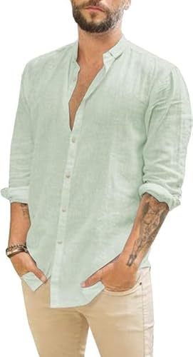 Runcati Camisa de lino para hombre, manga larga, para verano, playa, informal, corte regular, para el tiempo libre, verde claro, M