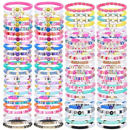 ZHLISHQINJJ 100 Pcs Friendship Bracelets for Women Bead Colorful Surfer Heishi Bracelet Set , Cute Clay Beaded Bulk Bracelets Stretch bracelets Clay for Women Stackable Bohemian Summer Beach Party, Graduation Party Favors, Birthday Gifts