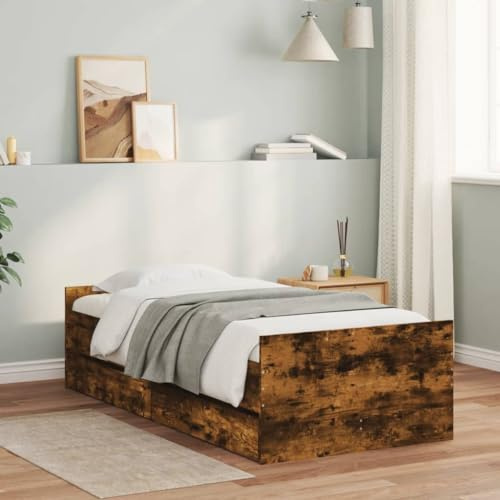 ZQQLVOO Bed Frame Lattenrost Palettenbett Bodenbett Bettgestell mit Schubladen Räuchereiche 100x200 cm