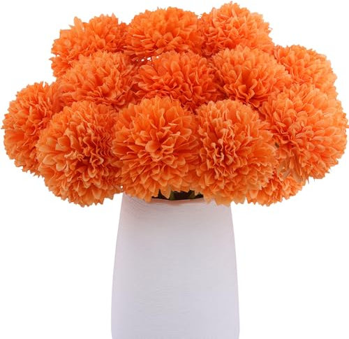 Rowfad Künstliche Chrysanthemen, Herbstblumen, Seide, Orange, Ringelblumen, künstliche Mütter für den Herbst, Dia de Los Muertos Diwali, Tag der Toten, Heimdekoration (12, Orange)