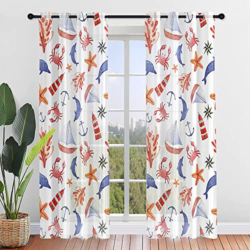 ENEN Vorhänge Wohnzimmer, Seesterne 3D 2er Set Gardinen mit Ösen Halbtransparent Gardinen Wohnzimmer Schlaufenschal für Kleine Fenster Küche Wohnzimmer Landhaus (Delfine,140x244cm)