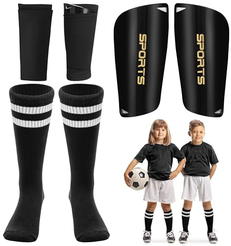 GoaePode Kinder Schienbeinschoner Fussball, Fussball Shin Guard mit 1Paar Fußballsocken und 1Paar Schienbeinschoner Socken, Verstellbaren Schienbeinschoner für Kinder Erwachsene Anfänger (M)