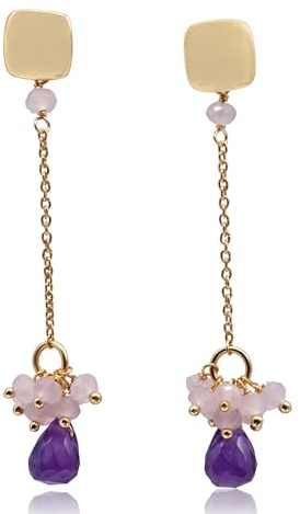 KOKO Orecchini Lunghi in Quarzo Rosa e Ametista, Placcati in Oro 18 Carati, Gioielli con Pietre Naturali Autentiche, per Donna e Ragazza, Confezione Regalo Inclusa