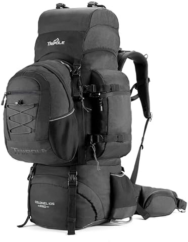Tripole Colonel Pro 105L Zaino da Viaggio e Trekking per Uomo e Donna – Zaino 105 Litri Grande Capacità con Zaino Giornaliero 15L, Impermeabile con Copertura Antipioggia – Nero