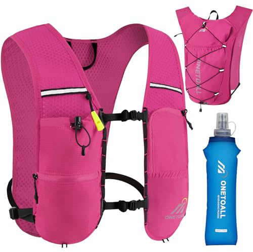 ONETOALL Löparväst för kvinnor med 500 ml vattenflaska, reflekterande vätskeryggsäck, 6 L, lätt 150 g, för trailrunning, vandring, maraton, rosa med mjuk flaska