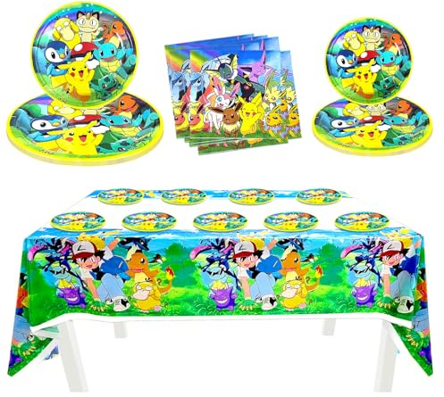 Kinder Cartoon Partygeschirr Set 41 Stück - Komplettes Geburtstagsparty Set mit Tellern, Servietten, Tischdecke - Süße Anime Geburtstagsdeko & Tischdeko für Kindergeburtstag, Mottoparty Jungen Mädchen