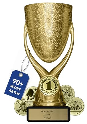 pokal-fabrik.de - Pokal mit Gravur Wunschtext in Gold - personalisiertes Geschenk & Sportemblem nach Wahl - 15 cm inkl. Marmorsockel - Geschenk-Trophäe | Pokal Kinder (Gold)