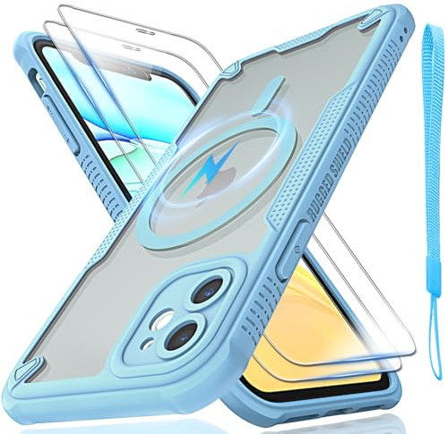 for iPhone 11 Case, Translucent Matte Back Compatible with Magsafe Magnetic Slim Shockproof Protective Case with Lanyard Strap and 2*9H Tempered Glass Screen Protector Phone Cover 6.1-inch-Blue
