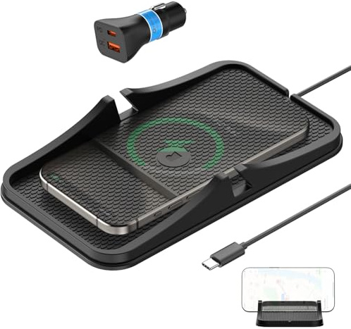 Wireless Car Charger Pad, REESTECQI Large Wireless Charging Pad for Car Non Slip Car Phone Holder with 40W Car Charger Compatible with iPhone 17 16 Pro Max 15 14 13 12, Samsung, Google (1 Meter Cable)